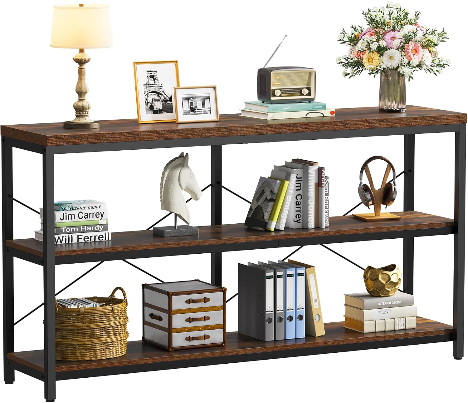 Bookcase Wood Shelf - 3-Tier Industrial Bookshelf, Wide Wood Horizontal