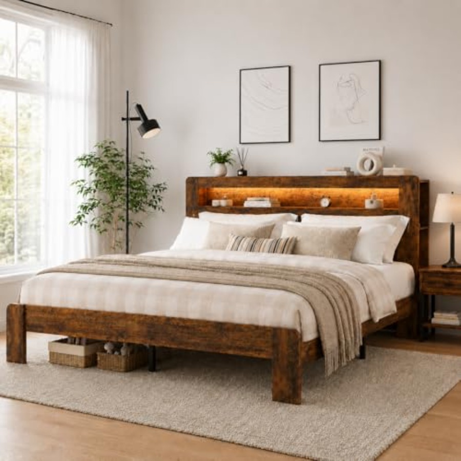 Bookcase Wood Shelf - Wooden Bed Frame with Storage Headboard