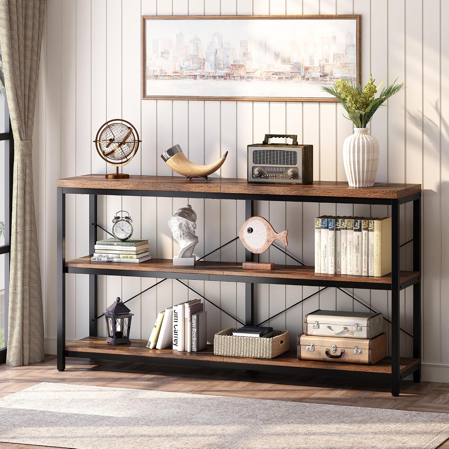 3-Tier Industrial Bookshelf, W - Bookcase Wood Shelf 评论和价格