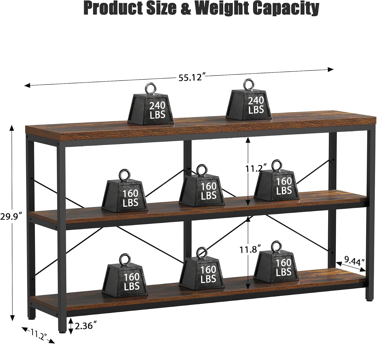 3-Tier Industrial Bookshelf, W - Bookcase Wood Shelf 评论和价格