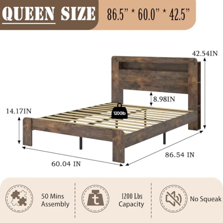 Wooden Bed Frame with Storage  - Bookcase Wood Shelf 评论和价格
