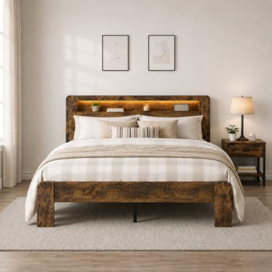 Wooden Bed Frame with Storage  - Bookcase Wood Shelf 评论和价格