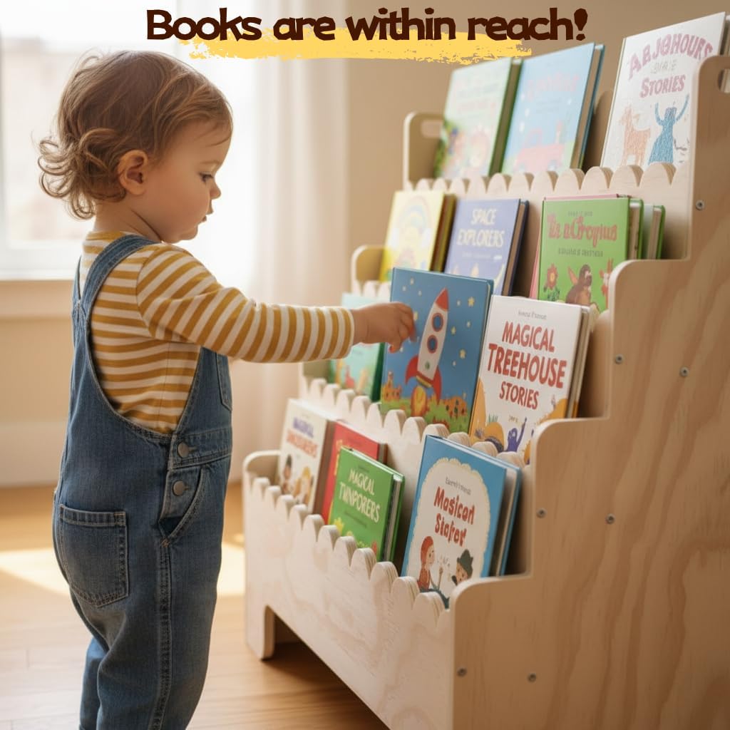 Kids Bookshelf 4-Tier, Natural - Bookcase Wood Shelf 评论和价格