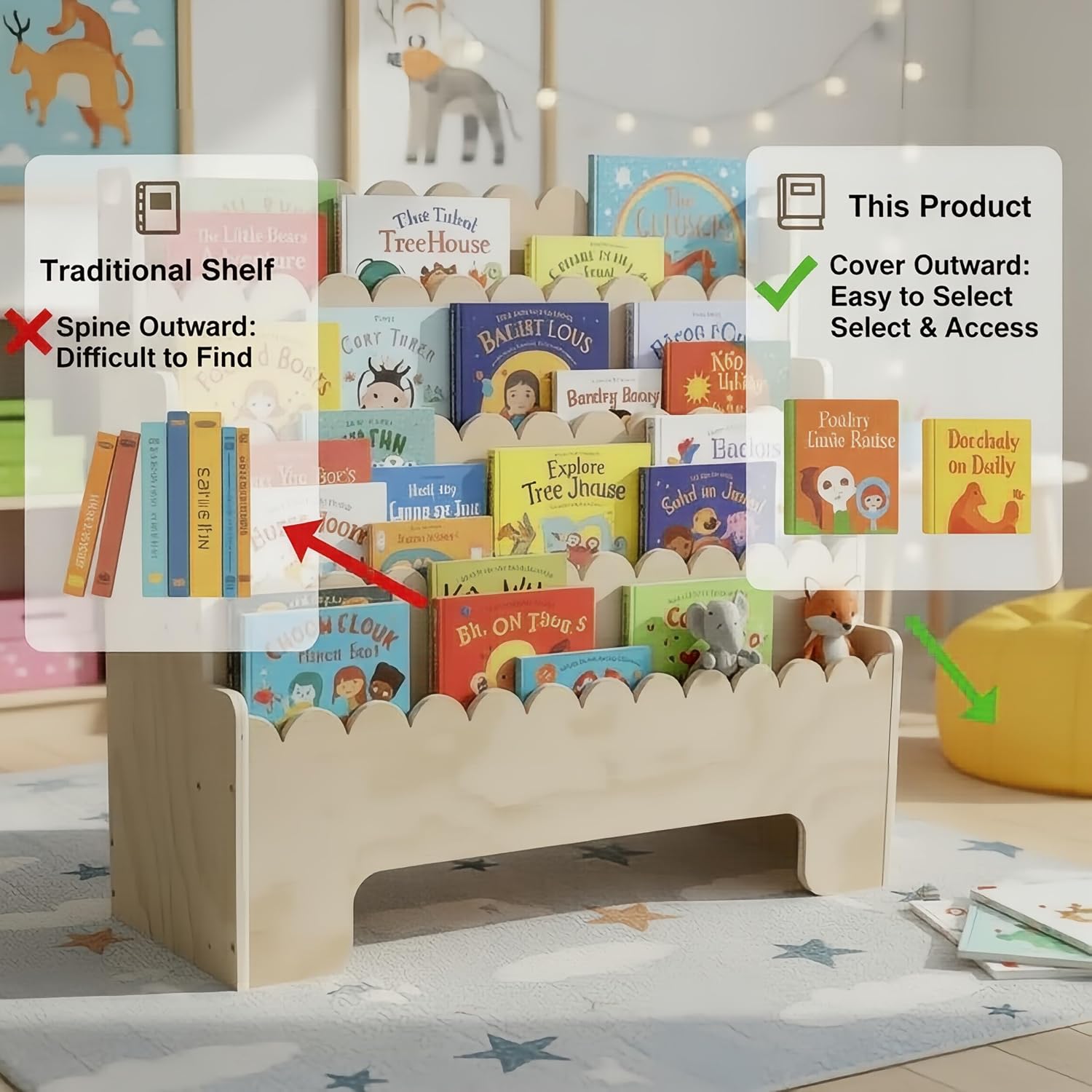 Kids Bookshelf 4-Tier, Natural - Bookcase Wood Shelf 评论和价格