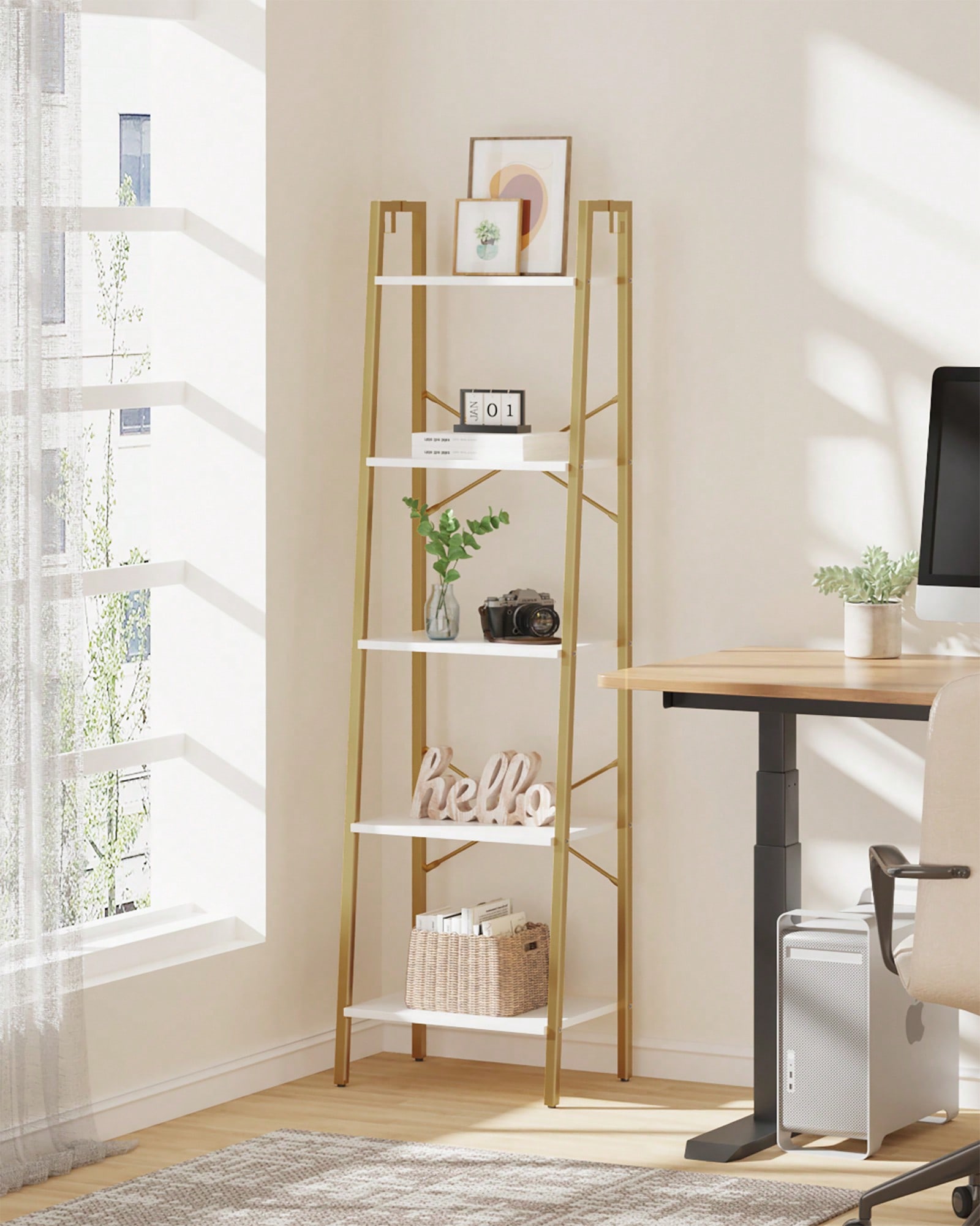 5 Tier Ladder Shelf Modern Gla - Bookcase Wood Shelf 评论和价格