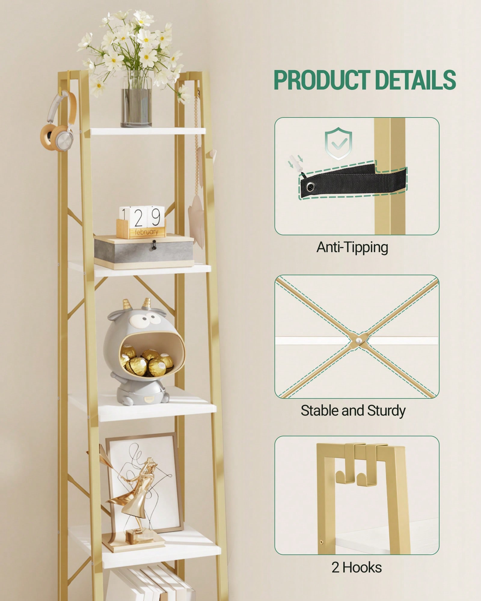 5 Tier Ladder Shelf Modern Gla - Bookcase Wood Shelf 评论和价格